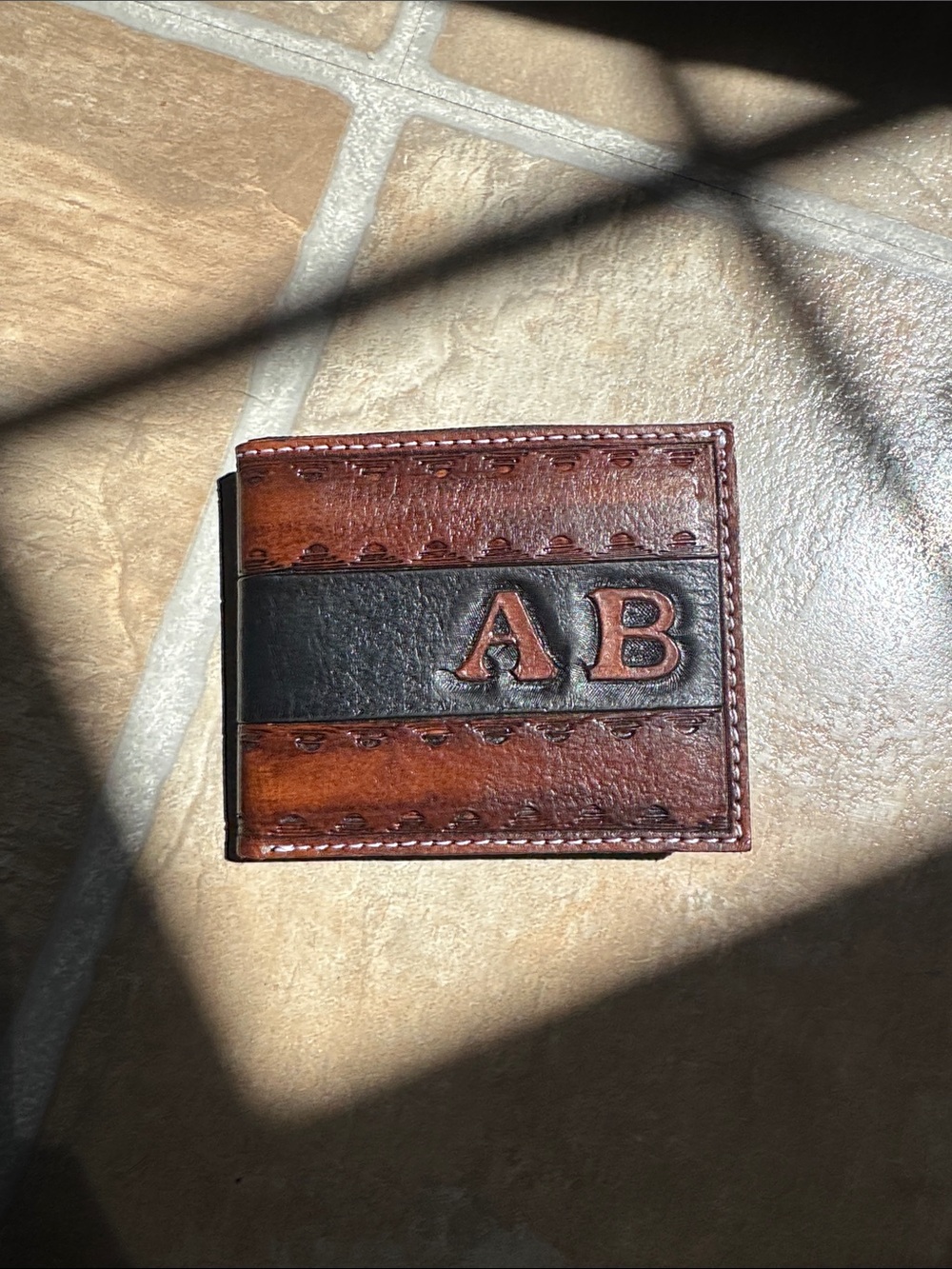 Monogrammed Brown & Black Leather Bi-Fold Wallet - AB
